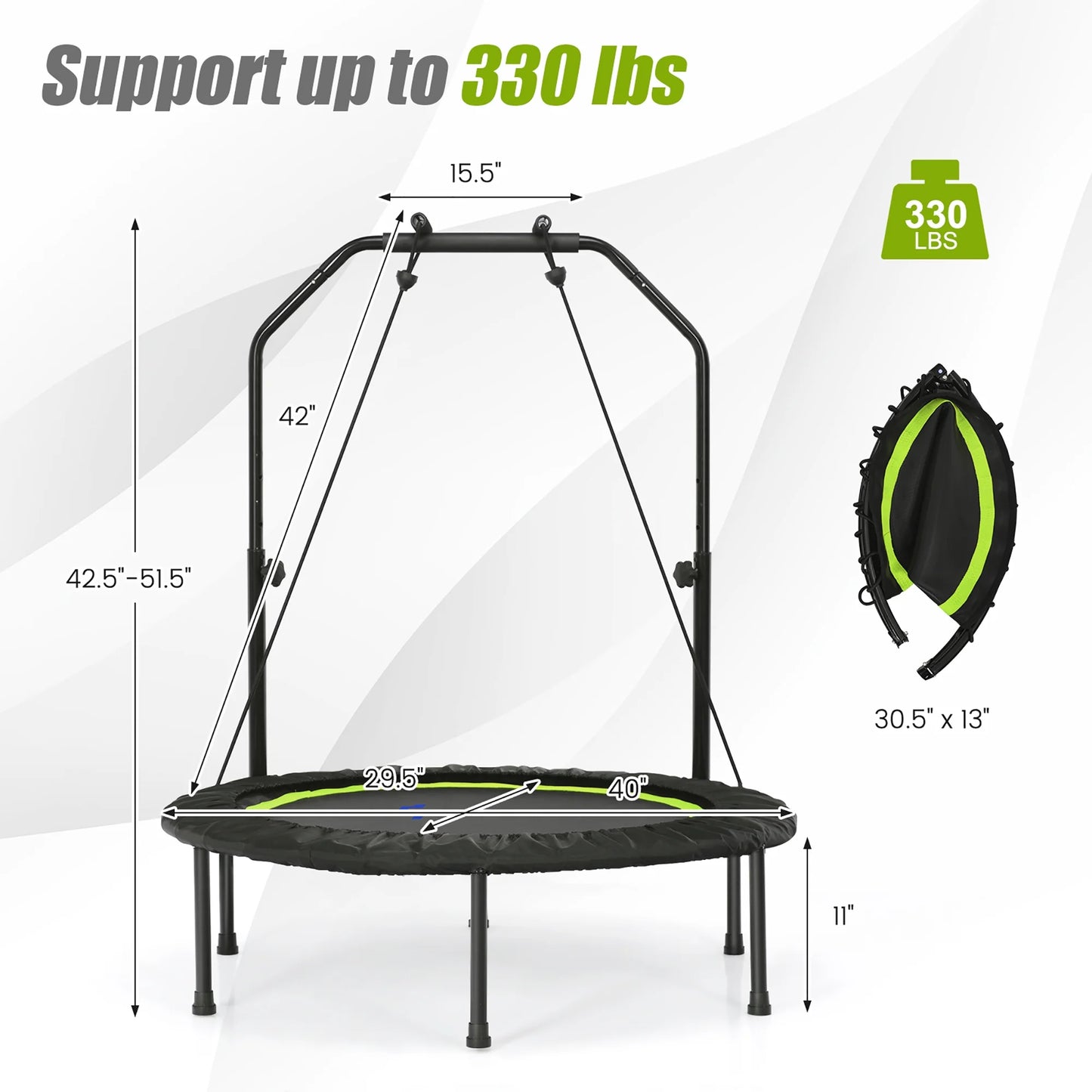 40'' Foldable Trampoline Fitness Rebounder with Resistance Bands Adjustable Home Green