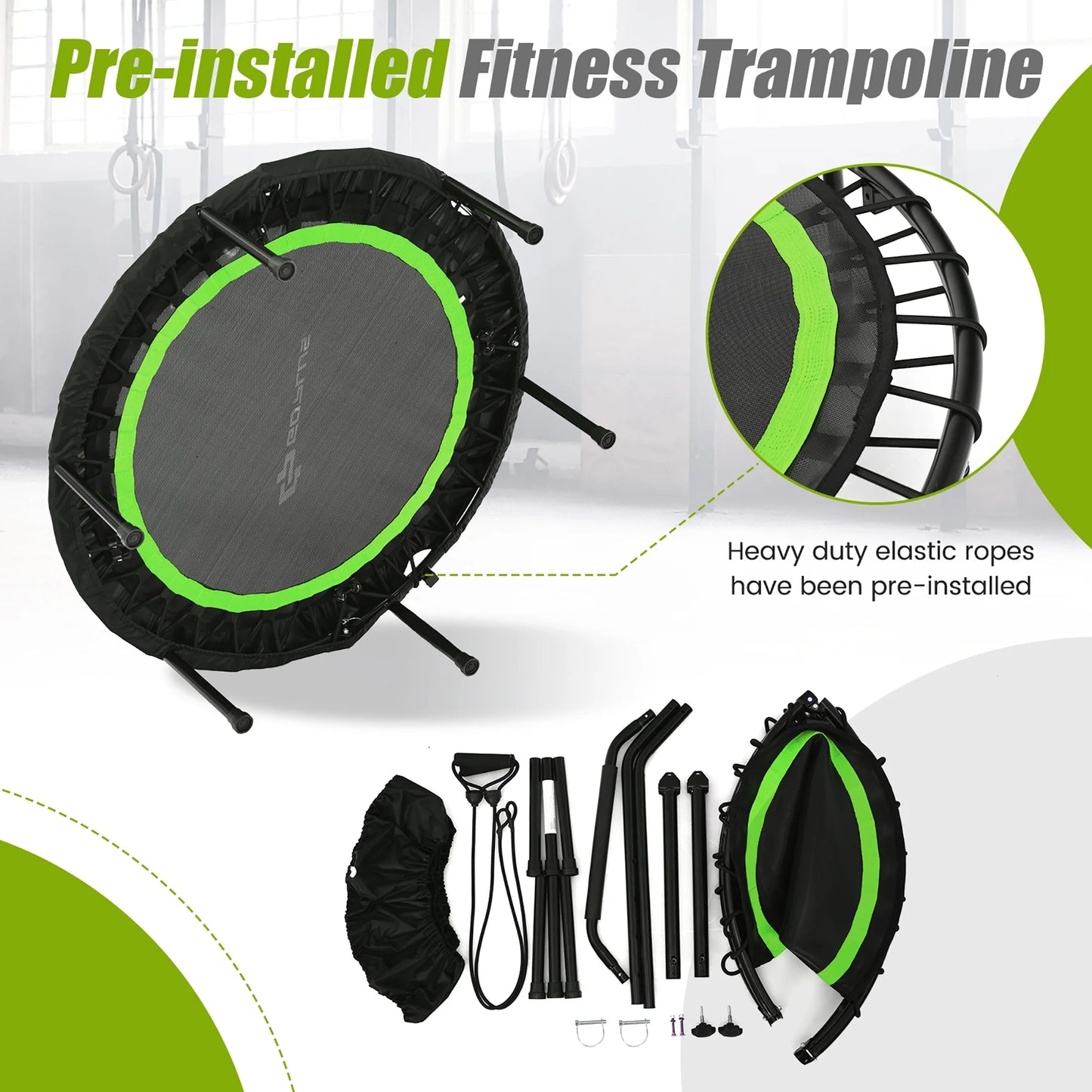 40'' Foldable Trampoline Fitness Rebounder with Resistance Bands Adjustable Home Green
