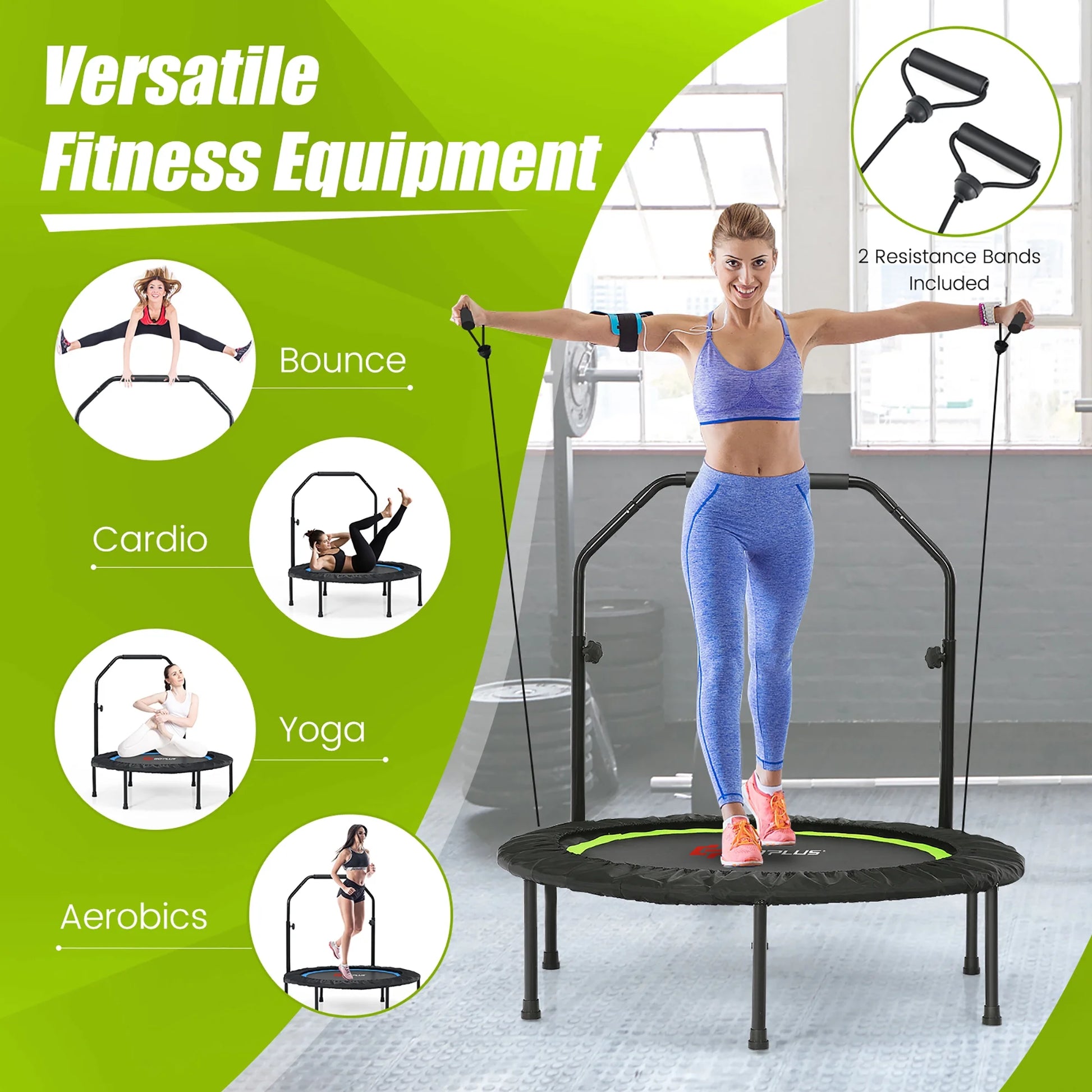 40'' Foldable Trampoline Fitness Rebounder with Resistance Bands Adjustable Home Green